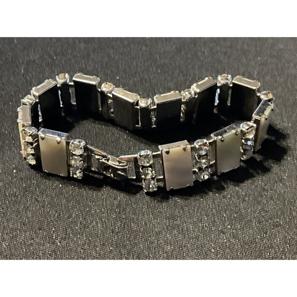 Vintage Silver Tone MOP Panel Digmante Crystal 7in Bracelet